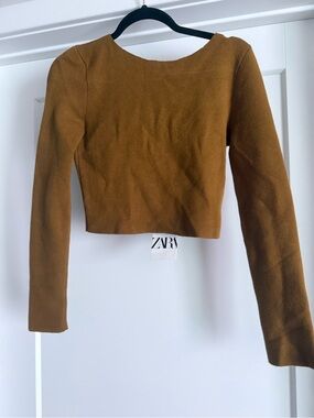 ZARA Cropped Long-Sleeve Top in Camel Brown